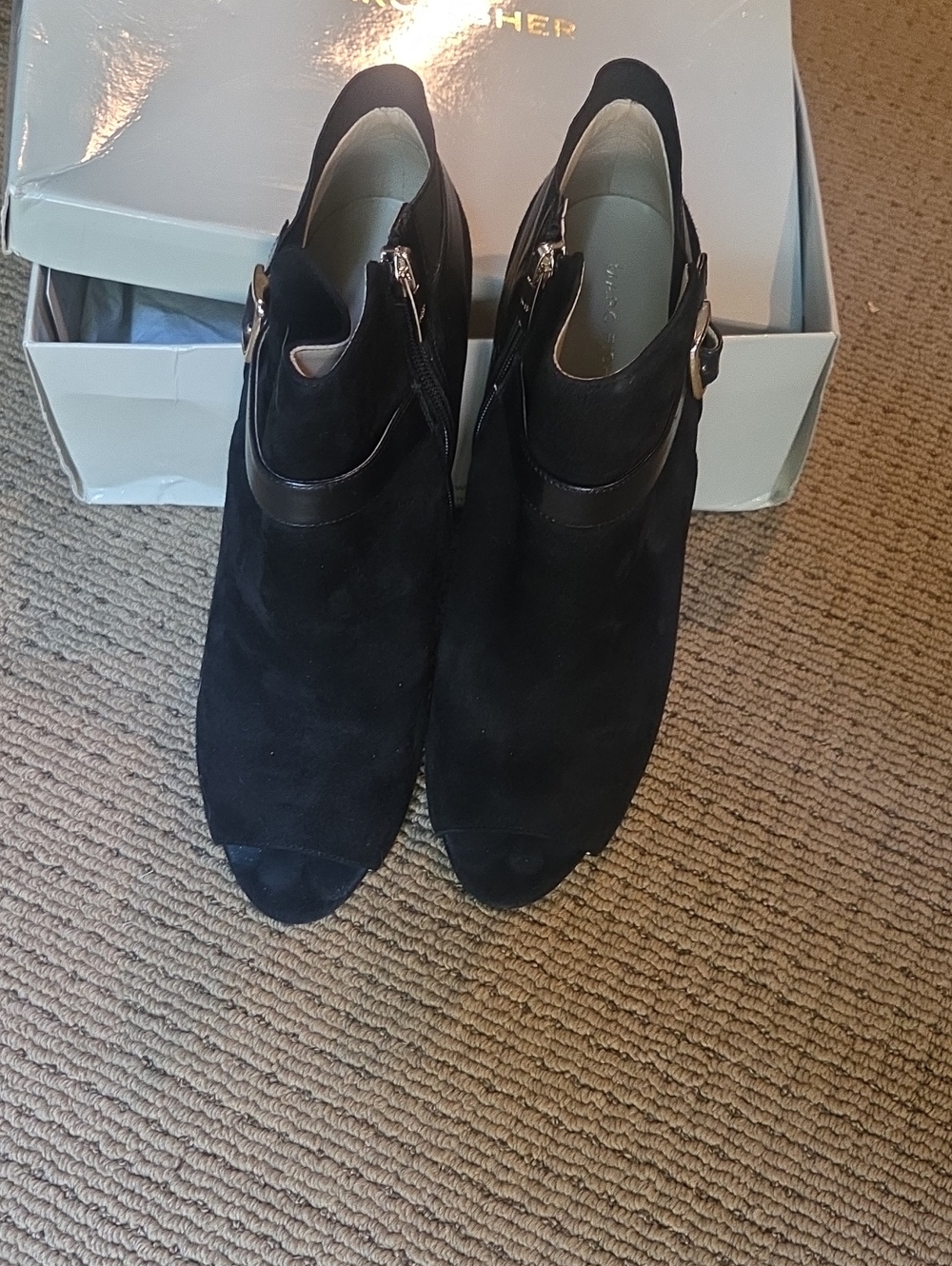 Marc Fisher Black Suede Peep-Toe Ankle Booties with Buckle Detail